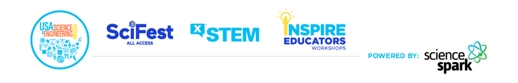 Logos for Science Spark's brands: USA Science and Engineering Festival, xSTEM, Inspire Educators